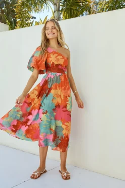 Vacation Dresses|Brunch Dresses>Hello Molly Sunseeker One Shoulder Maxi Dress Pink