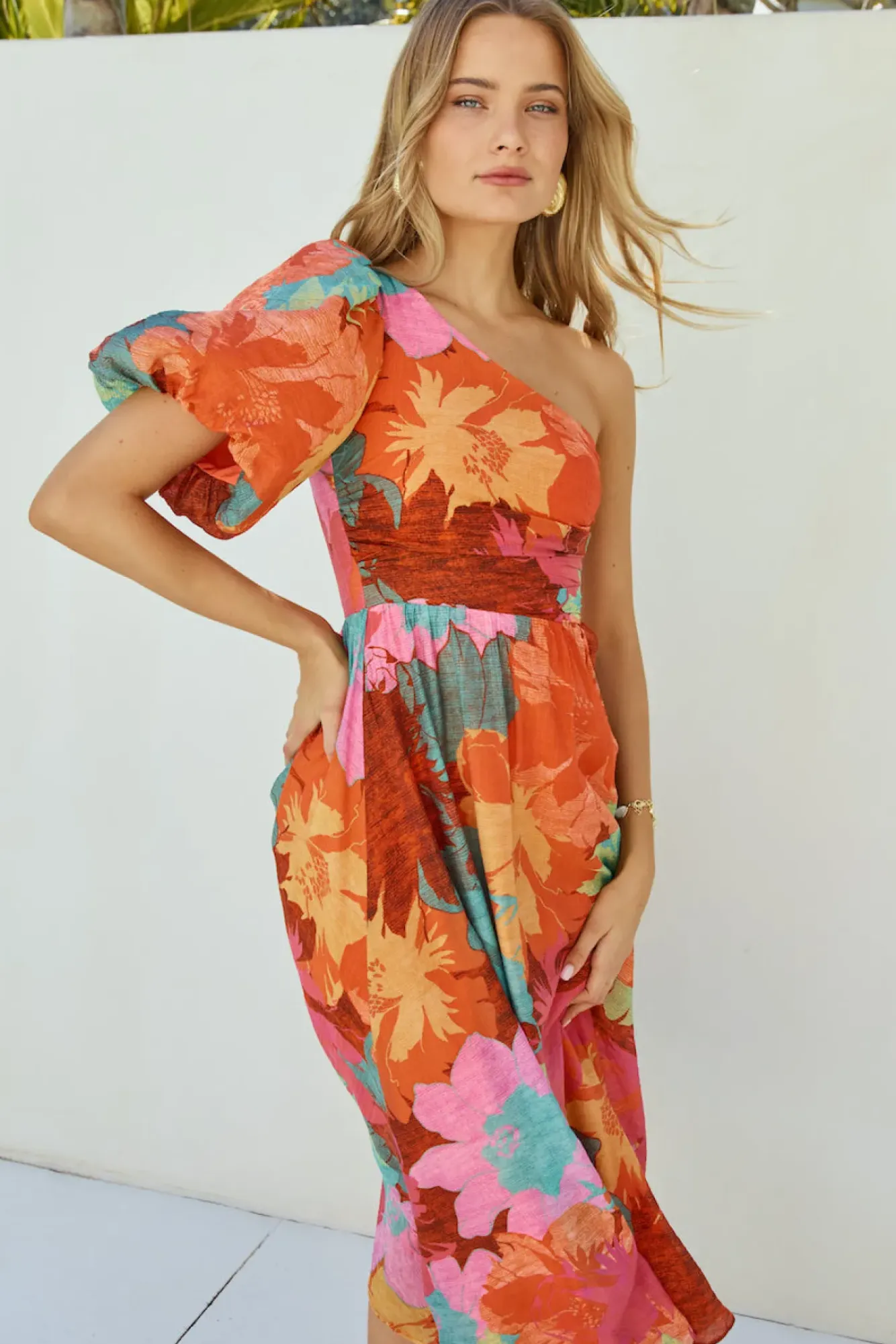 Vacation Dresses|Brunch Dresses>Hello Molly Sunseeker One Shoulder Maxi Dress Pink