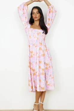 Spring Break Dresses|Bump Friendly>Hello Molly Sunset Blooms Midi Dress Lilac