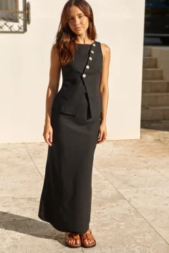 Skirts|Skirt And Top Sets>Hello Molly Sunset Drinks Linen Maxi Skirt Black