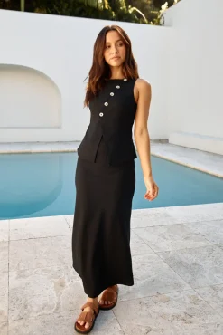 Skirts|Skirt And Top Sets>Hello Molly Sunset Drinks Linen Maxi Skirt Black
