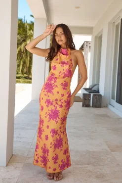 Wedding Guest Dresses|Cocktail Dresses>Hello Molly Sunset Skies Halter Maxi Dress Orange