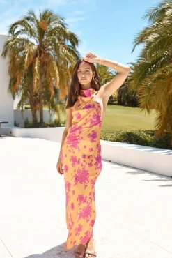 Wedding Guest Dresses|Cocktail Dresses>Hello Molly Sunset Skies Halter Maxi Dress Orange