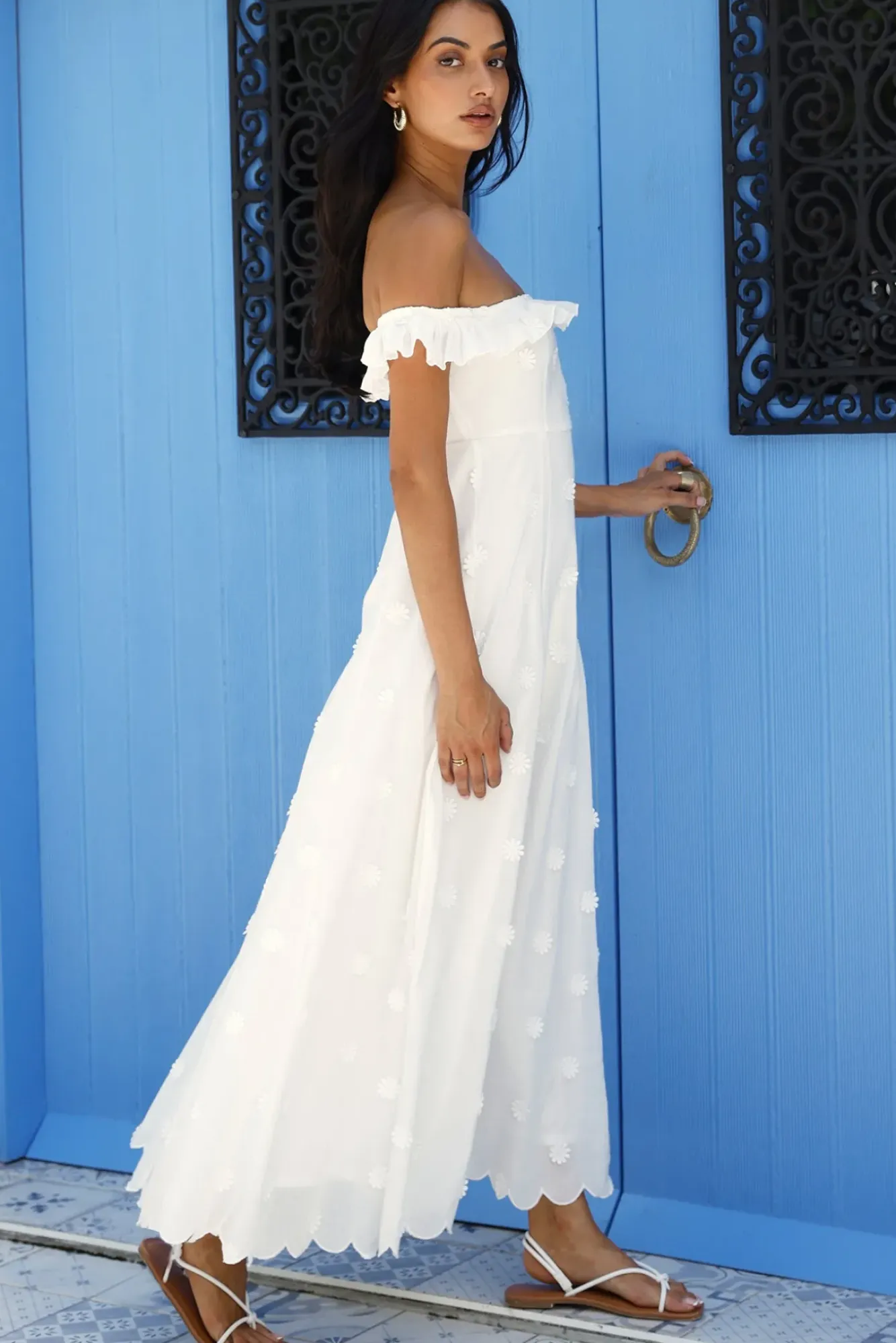 Vacation Dresses|Spring Break Dresses>MABLE Sunset Waves Off Shoulder Maxi Dress Off White