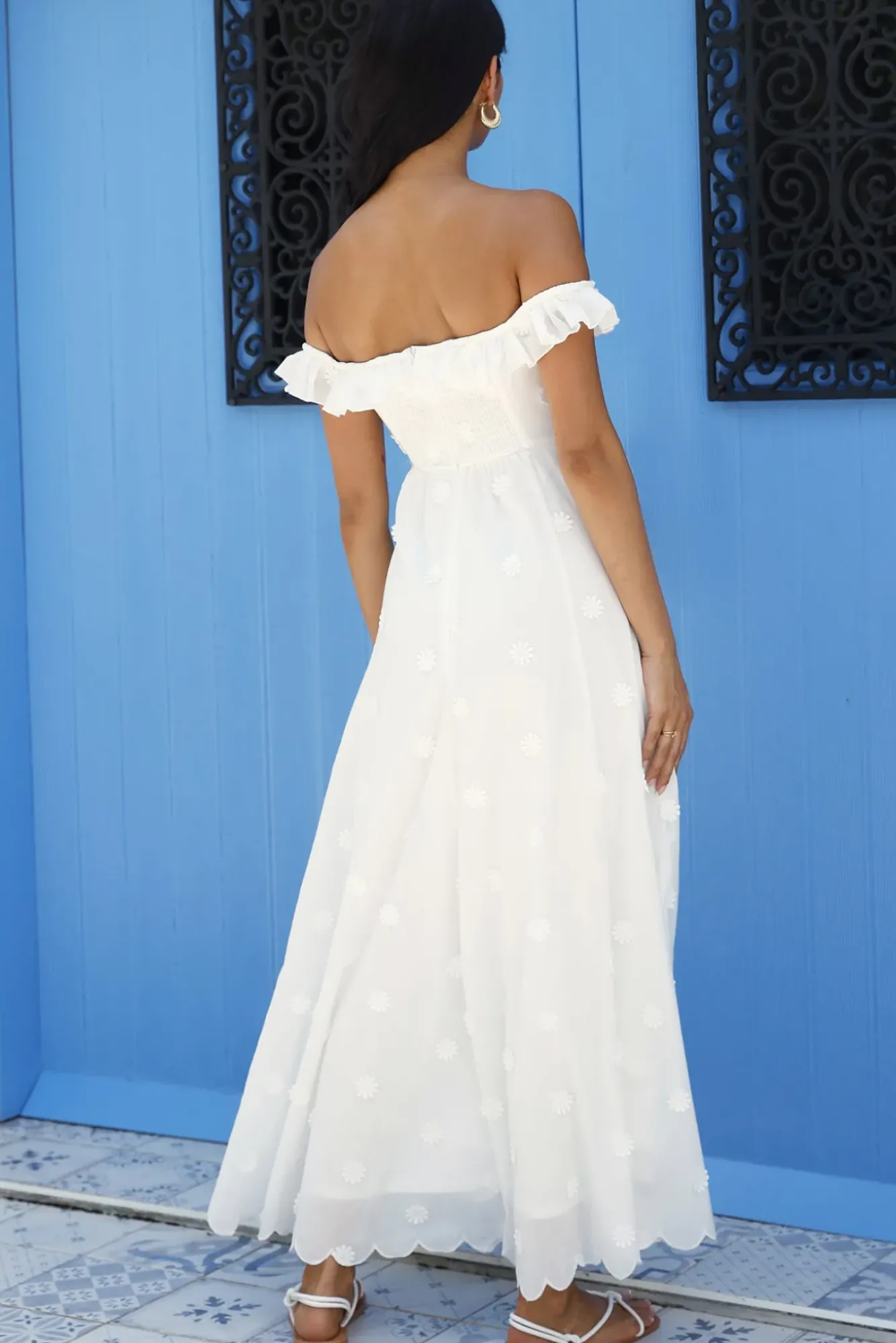 Vacation Dresses|Spring Break Dresses>MABLE Sunset Waves Off Shoulder Maxi Dress Off White