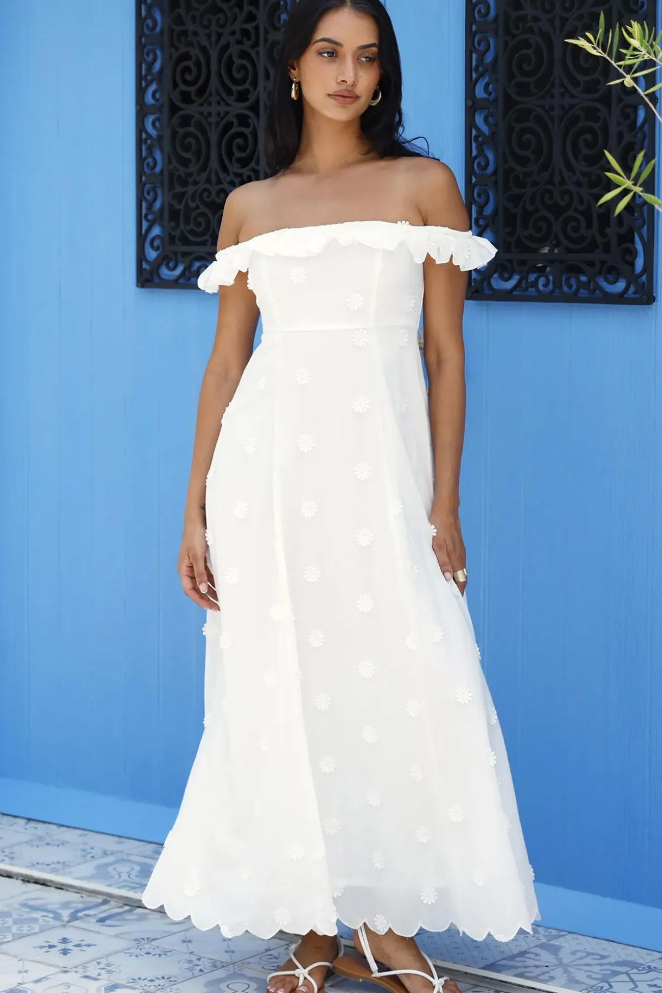 Vacation Dresses|Spring Break Dresses>MABLE Sunset Waves Off Shoulder Maxi Dress Off White