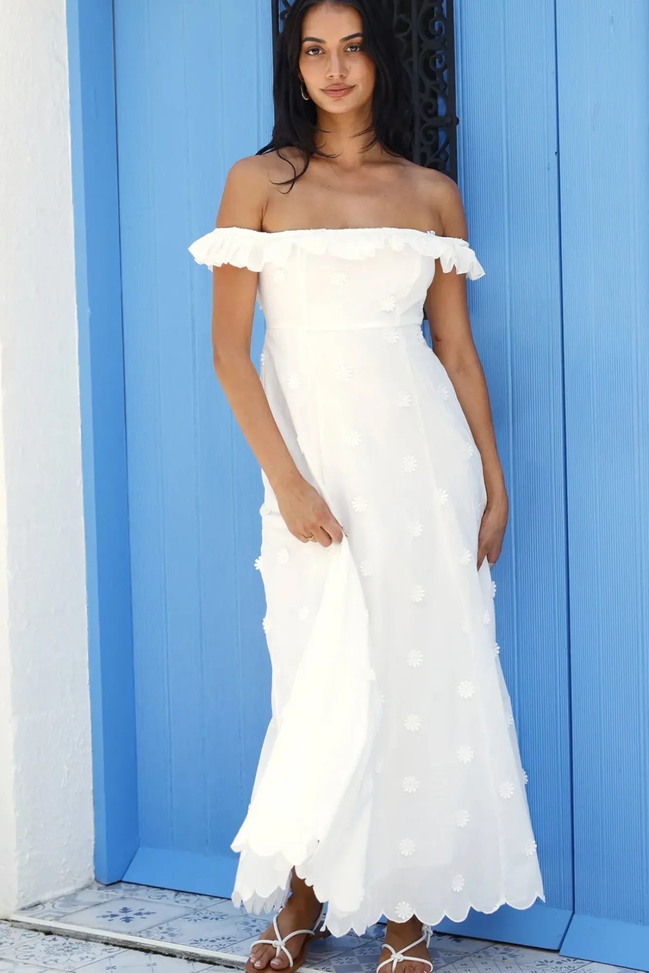 Vacation Dresses|Spring Break Dresses>MABLE Sunset Waves Off Shoulder Maxi Dress Off White