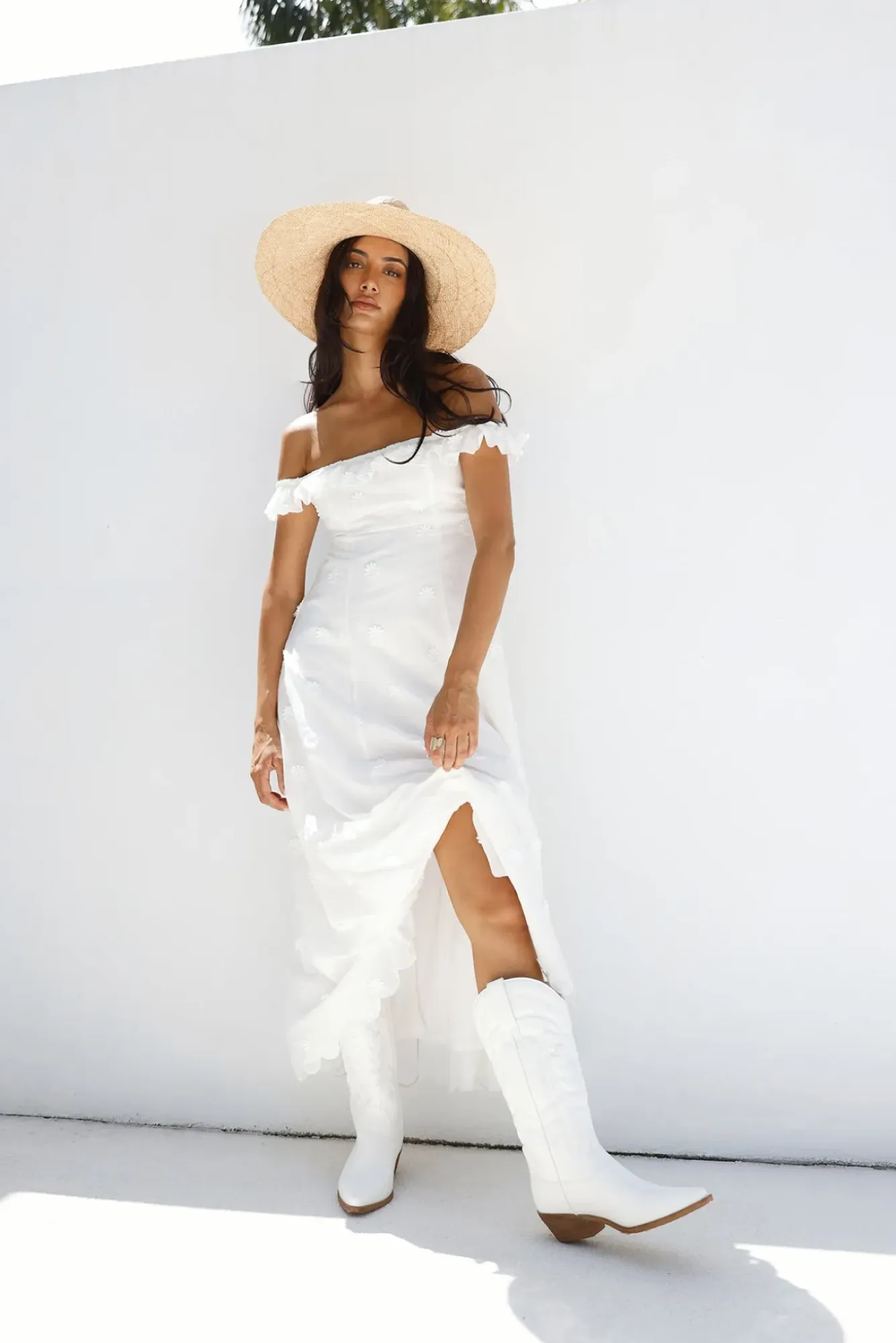 Vacation Dresses|Spring Break Dresses>MABLE Sunset Waves Off Shoulder Maxi Dress Off White