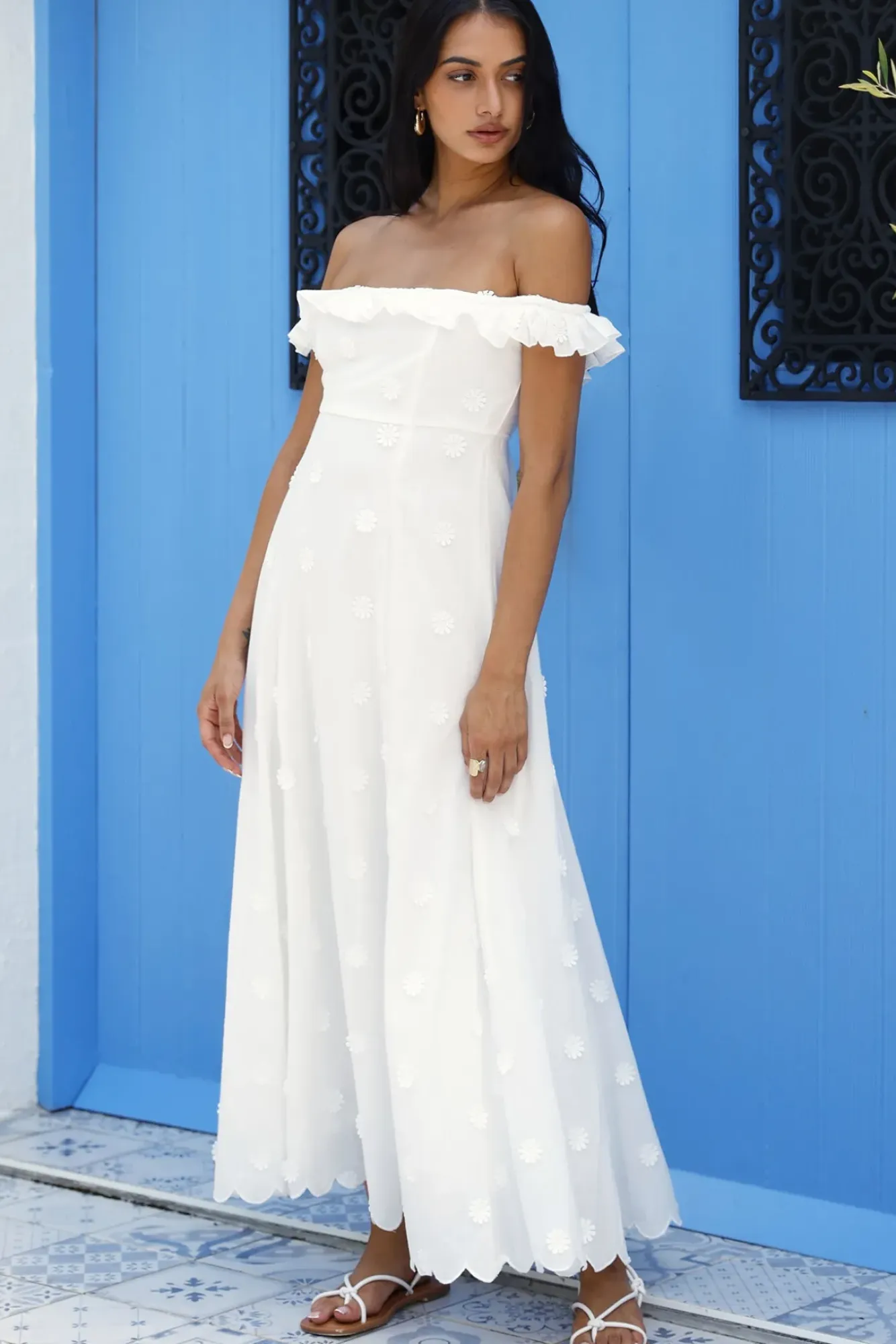 Vacation Dresses|Spring Break Dresses>MABLE Sunset Waves Off Shoulder Maxi Dress Off White