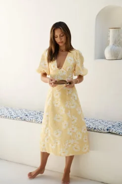 Cocktail Dresses|Spring Break Dresses>Hello Molly Sunshine Serenade Midi Dress Yellow