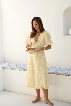 Cocktail Dresses|Spring Break Dresses>Hello Molly Sunshine Serenade Midi Dress Yellow