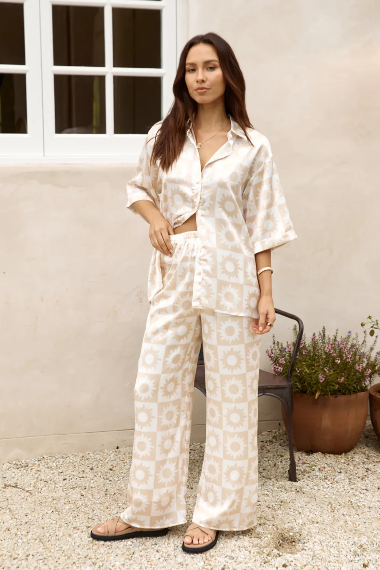 Two-Piece Pants Set>Hello Molly Sun Soaked Satin Set Beige