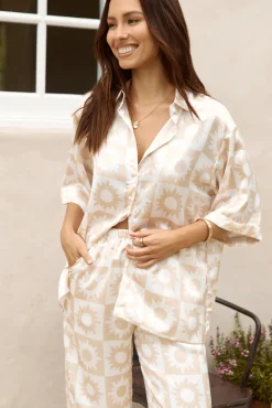 Two-Piece Pants Set>Hello Molly Sun Soaked Satin Set Beige