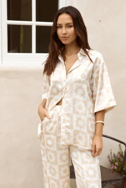 Two-Piece Pants Set>Hello Molly Sun Soaked Satin Set Beige