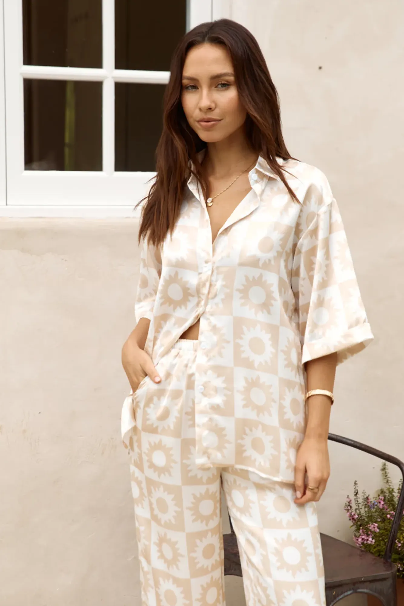 Two-Piece Pants Set>Hello Molly Sun Soaked Satin Set Beige