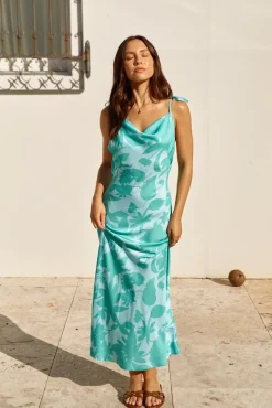 Cocktail Dresses|Vacation Dresses>Hello Molly Sweet Autumn Leaves Satin Halter Maxi Dress Sage