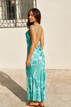 Cocktail Dresses|Vacation Dresses>Hello Molly Sweet Autumn Leaves Satin Halter Maxi Dress Sage