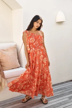 Cocktail Dresses|Vacation Dresses>Hello Molly Sweet Melody One Shoulder Maxi Dress Orange