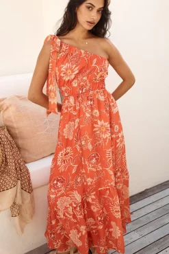 Cocktail Dresses|Vacation Dresses>Hello Molly Sweet Melody One Shoulder Maxi Dress Orange