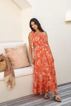 Cocktail Dresses|Vacation Dresses>Hello Molly Sweet Melody One Shoulder Maxi Dress Orange