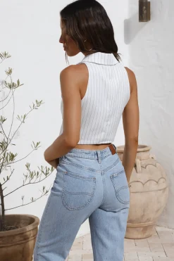 Cropped>Hello Molly Talking Business Crop Top White Stripe