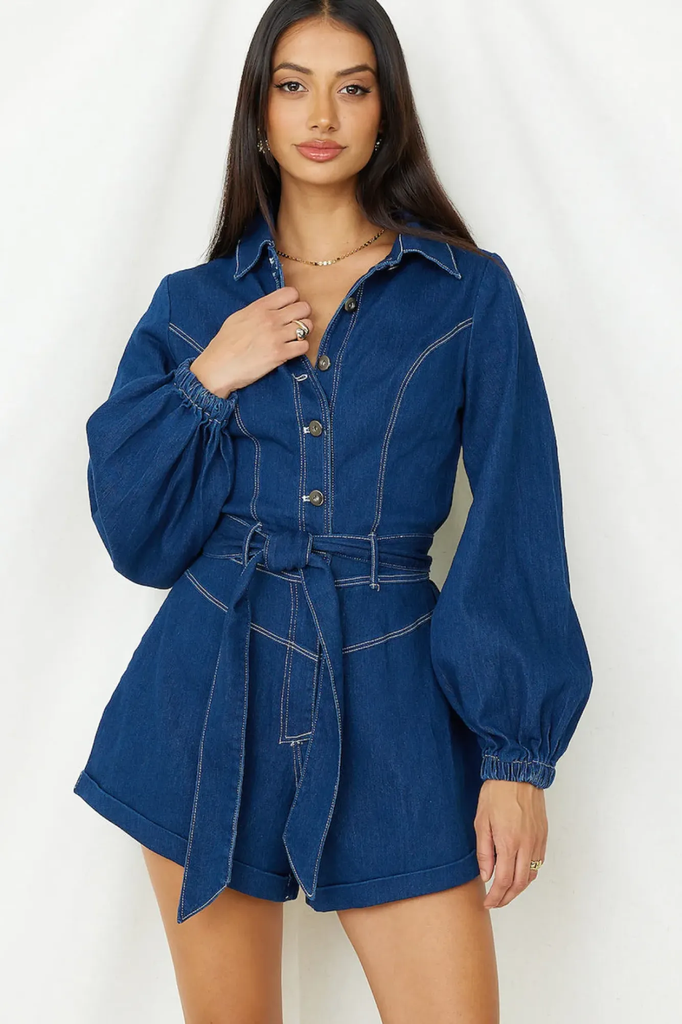 Rompers>Hello Molly Tell It All Romper Denim