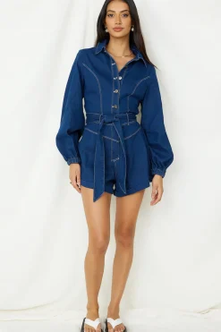 Rompers>Hello Molly Tell It All Romper Denim