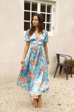 Vacation Dresses|Brunch Dresses>Hello Molly Through Oceans Satin Maxi Dress Blue