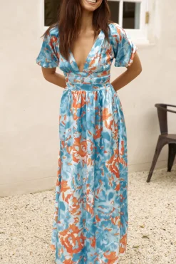 Vacation Dresses|Brunch Dresses>Hello Molly Through Oceans Satin Maxi Dress Blue