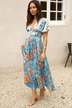 Vacation Dresses|Brunch Dresses>Hello Molly Through Oceans Satin Maxi Dress Blue