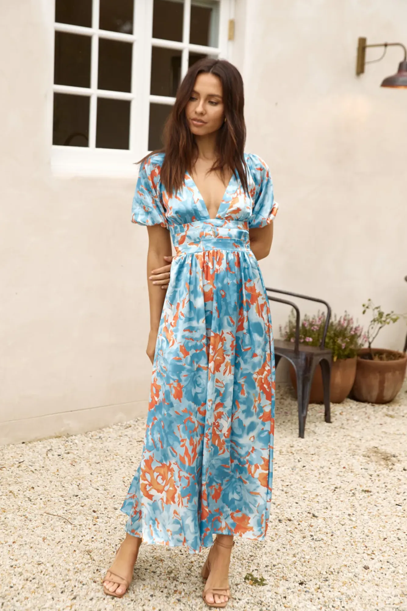 Vacation Dresses|Brunch Dresses>Hello Molly Through Oceans Satin Maxi Dress Blue