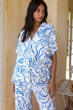 Shirts|Cropped>Hello Molly Tranquility Linen Shirt Blue
