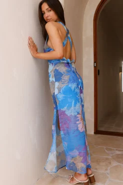 Cocktail Dresses|Vacation Dresses>Hello Molly Tropical Retreat Halter Maxi Dress Blue