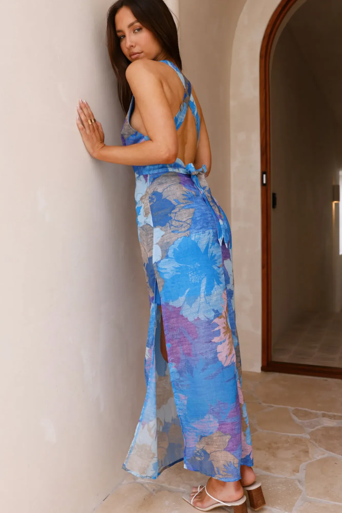 Cocktail Dresses|Vacation Dresses>Hello Molly Tropical Retreat Halter Maxi Dress Blue