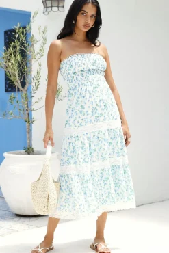 Wedding Guest Dresses|Cocktail Dresses>Hello Molly Under Palm Trees Strapless Midi Dress Blue