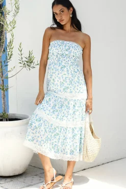 Wedding Guest Dresses|Cocktail Dresses>Hello Molly Under Palm Trees Strapless Midi Dress Blue