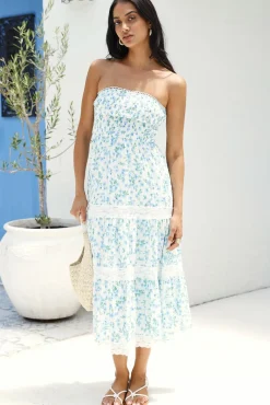Wedding Guest Dresses|Cocktail Dresses>Hello Molly Under Palm Trees Strapless Midi Dress Blue