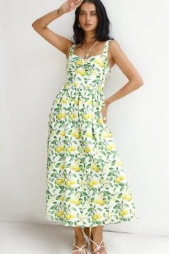 Vacation Dresses|Brunch Dresses>Hello Molly Under The Lemon Tree Midi Dress Print