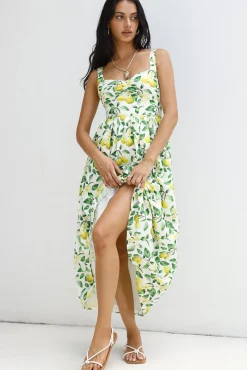 Vacation Dresses|Brunch Dresses>Hello Molly Under The Lemon Tree Midi Dress Print