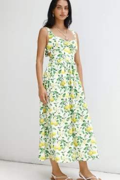 Vacation Dresses|Brunch Dresses>Hello Molly Under The Lemon Tree Midi Dress Print
