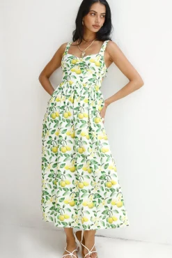 Vacation Dresses|Brunch Dresses>Hello Molly Under The Lemon Tree Midi Dress Print