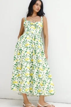Vacation Dresses|Brunch Dresses>Hello Molly Under The Lemon Tree Midi Dress Print