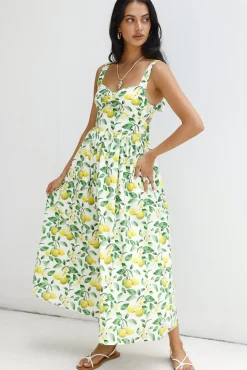 Vacation Dresses|Brunch Dresses>Hello Molly Under The Lemon Tree Midi Dress Print