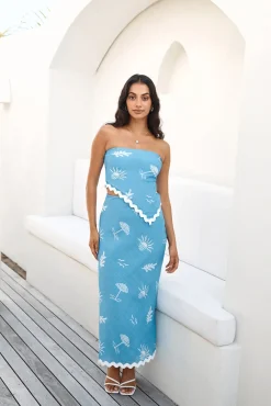 Cropped|Skirt And Top Sets>Hello Molly Vacation Away Asymmetrical Top Blue