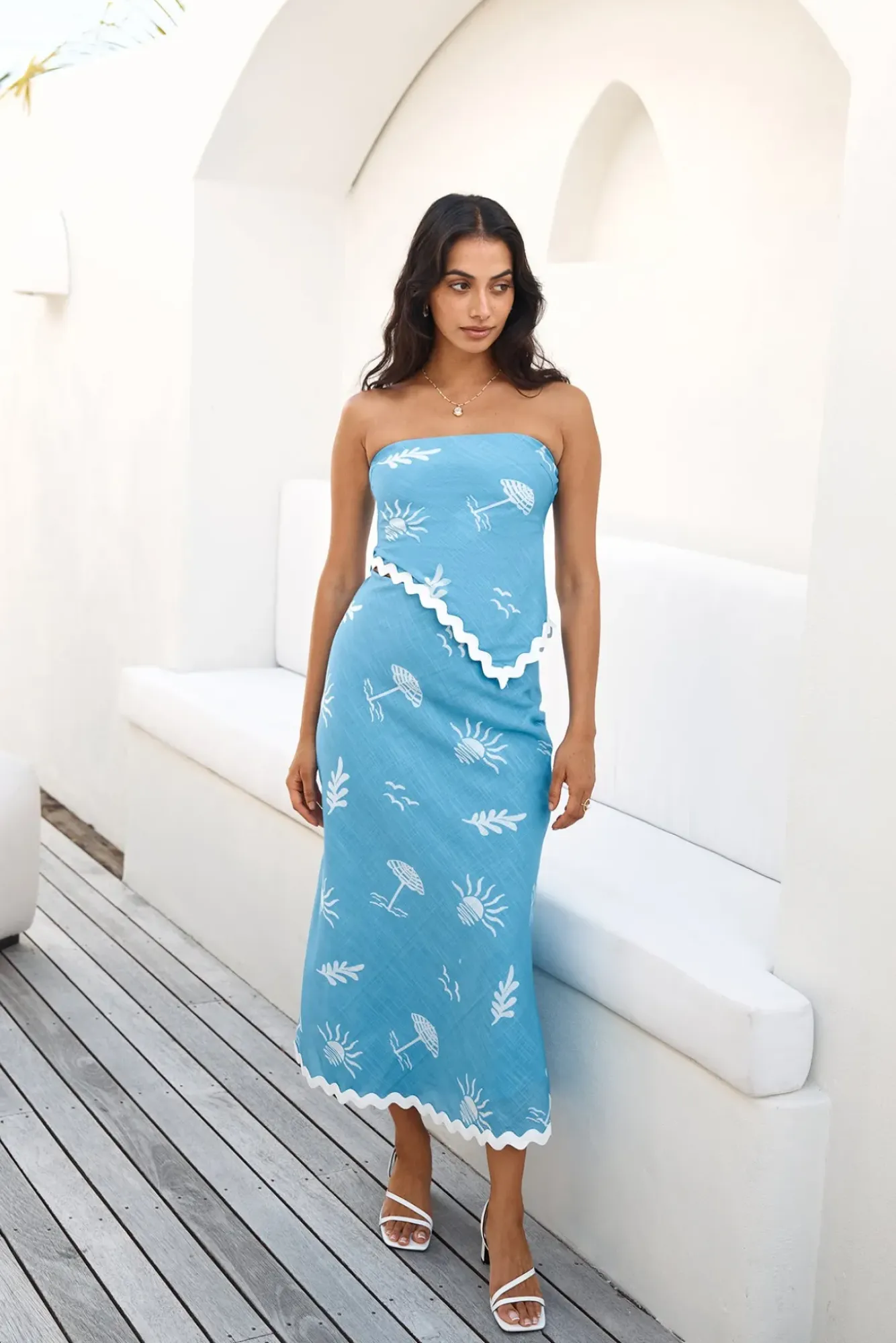 Cropped|Skirt And Top Sets>Hello Molly Vacation Away Asymmetrical Top Blue
