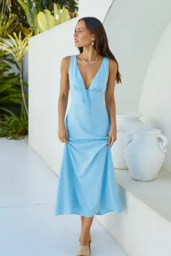 Vacation Dresses|Spring Break Dresses>Hello Molly Vacation Time Linen Maxi Dress Blue