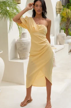 Cocktail Dresses|Vacation Dresses>Hello Molly Velvet Skies Midi Dress Yellow