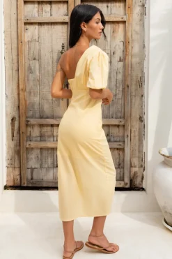 Cocktail Dresses|Vacation Dresses>Hello Molly Velvet Skies Midi Dress Yellow