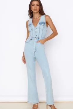Rompers|Jumpsuits>Hello Molly Wherever I Go Jumpsuit Blue Denim
