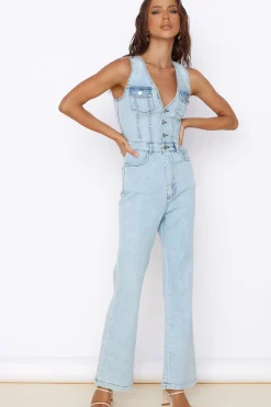 Rompers|Jumpsuits>Hello Molly Wherever I Go Jumpsuit Blue Denim